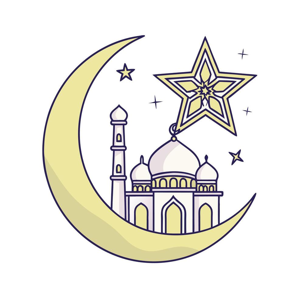 A stylized, outlined illustration of a mosque, crescent moon, and stars in a rich green color. vector
