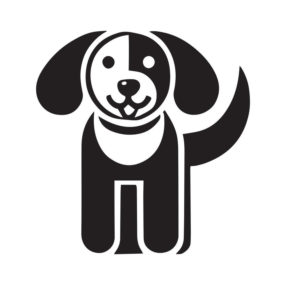 A stylized, black and white graphic of a happy dog, positioned with a bone in the foreground. vector
