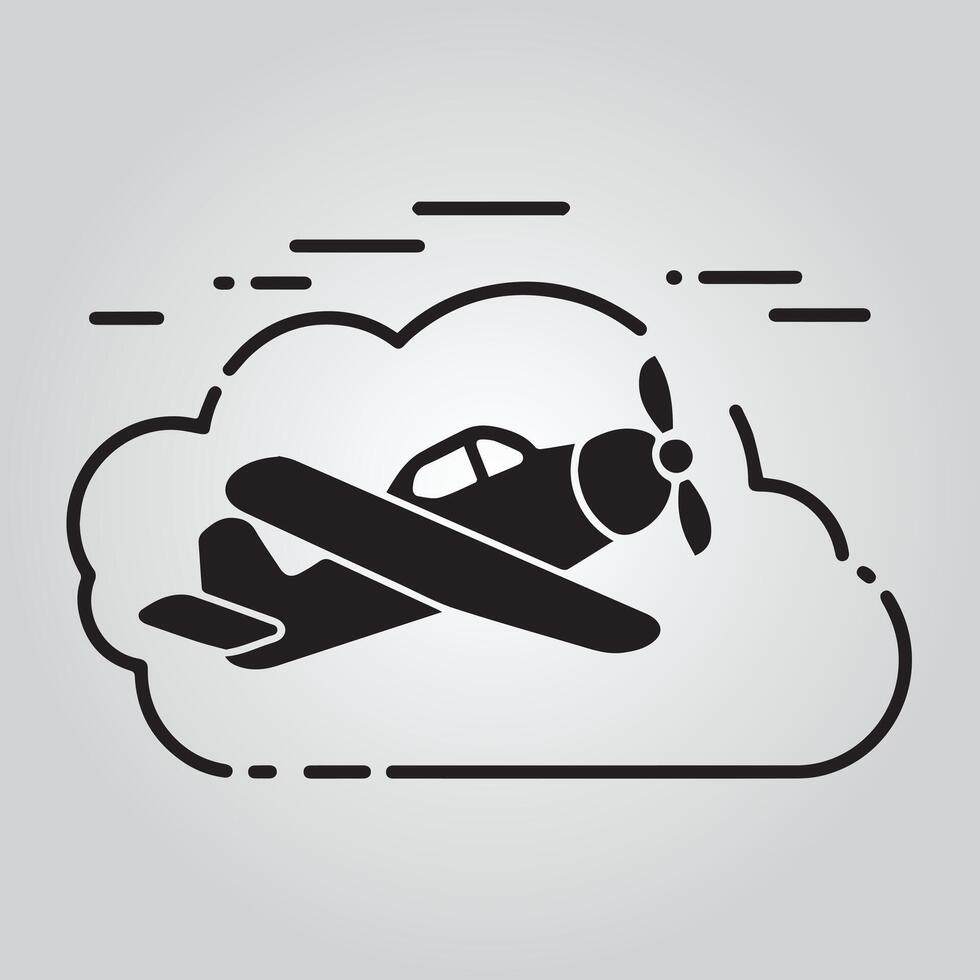A stylized, black and white icon of an airplane in flight. vector