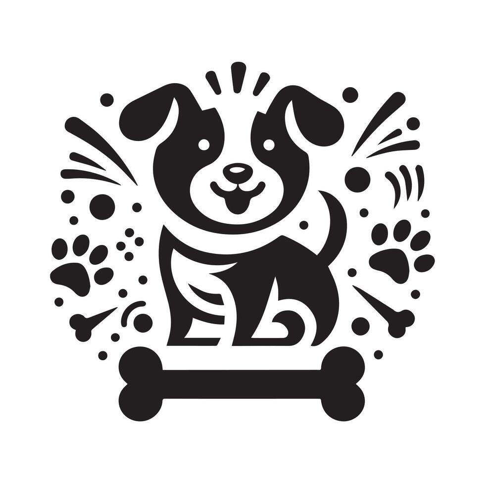 black and white logo featuring a cartoon-style dog with two paw prints vector