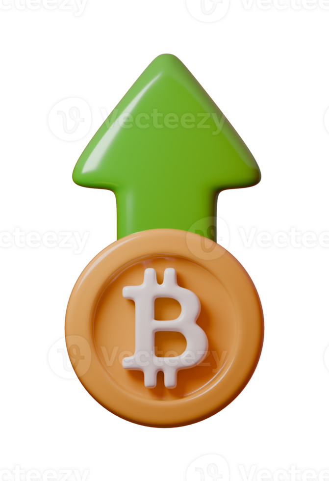 3D illustration of Bitcoin surrounded by green upward arrow, symbolizing Bitcoin growth, market increase, and financial success. Perfect for topics on cryptocurrency, blockchain, and investment png