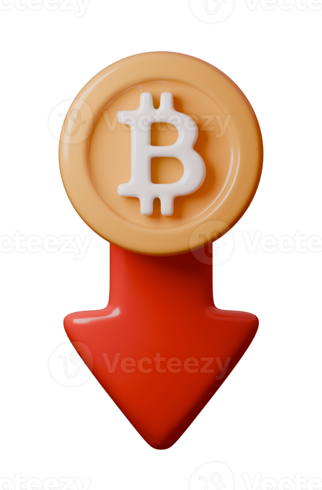 3D illustration Downtrend and falling prices for Bitcoin by red upward arrow, symbolizing Cryptocurrency risk concept. Perfect for topics on cryptocurrency, blockchain, and investment png