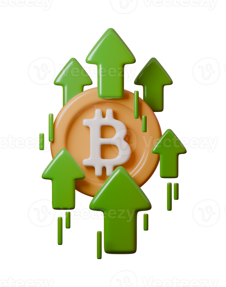 3D illustration of Bitcoin surrounded by green upward arrows, symbolizing Bitcoin growth, market increase, and financial success. Perfect for topics on cryptocurrency, blockchain, and investment png