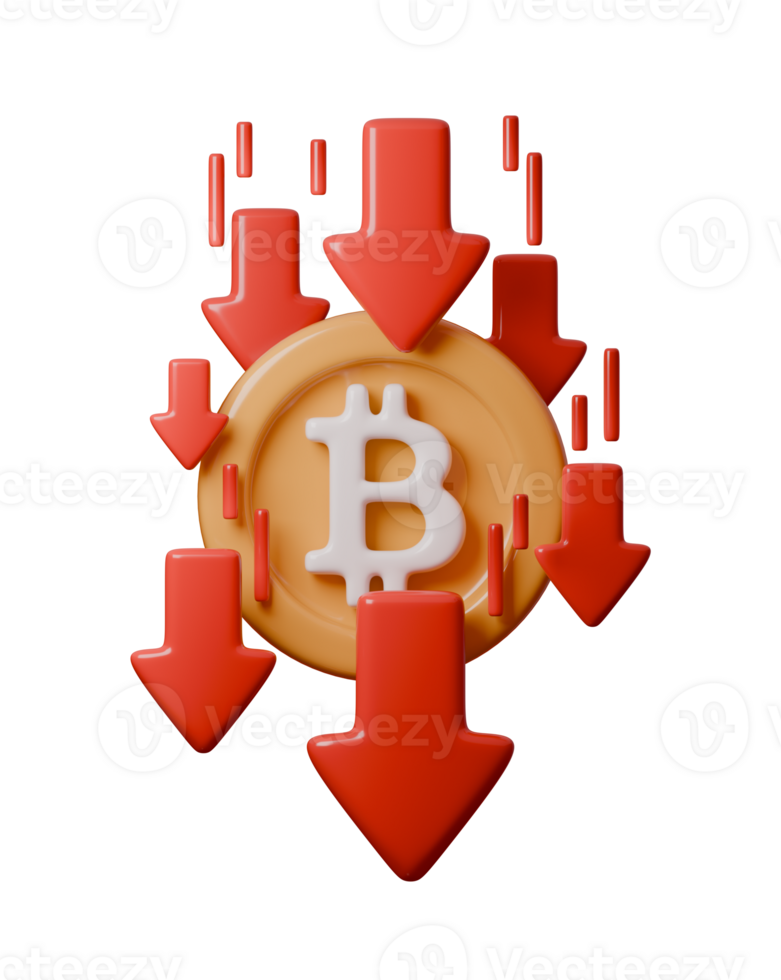 3D illustration Downtrend and falling prices for Bitcoin by red upward arrow, symbolizing Cryptocurrency risk concept. Perfect for topics on cryptocurrency, blockchain, and investmen png