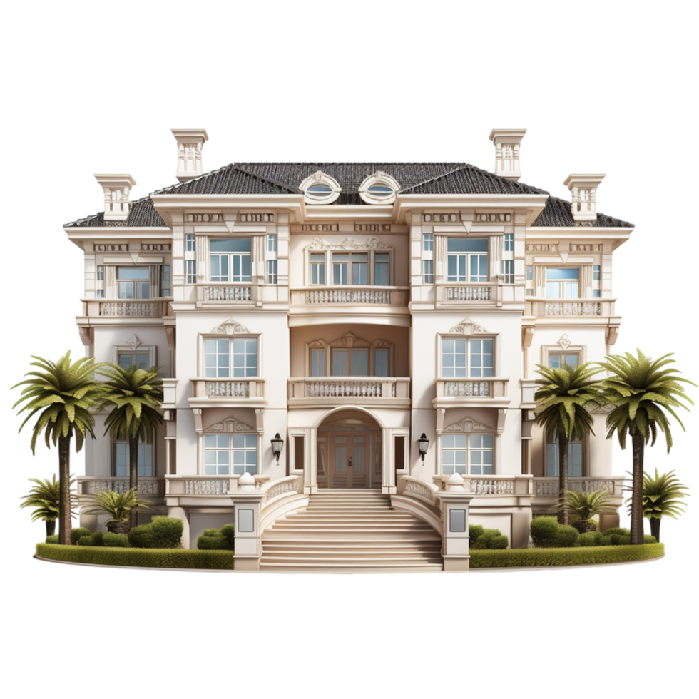 Elegant Victorian Style Mansion with Palm Trees and Classic png
