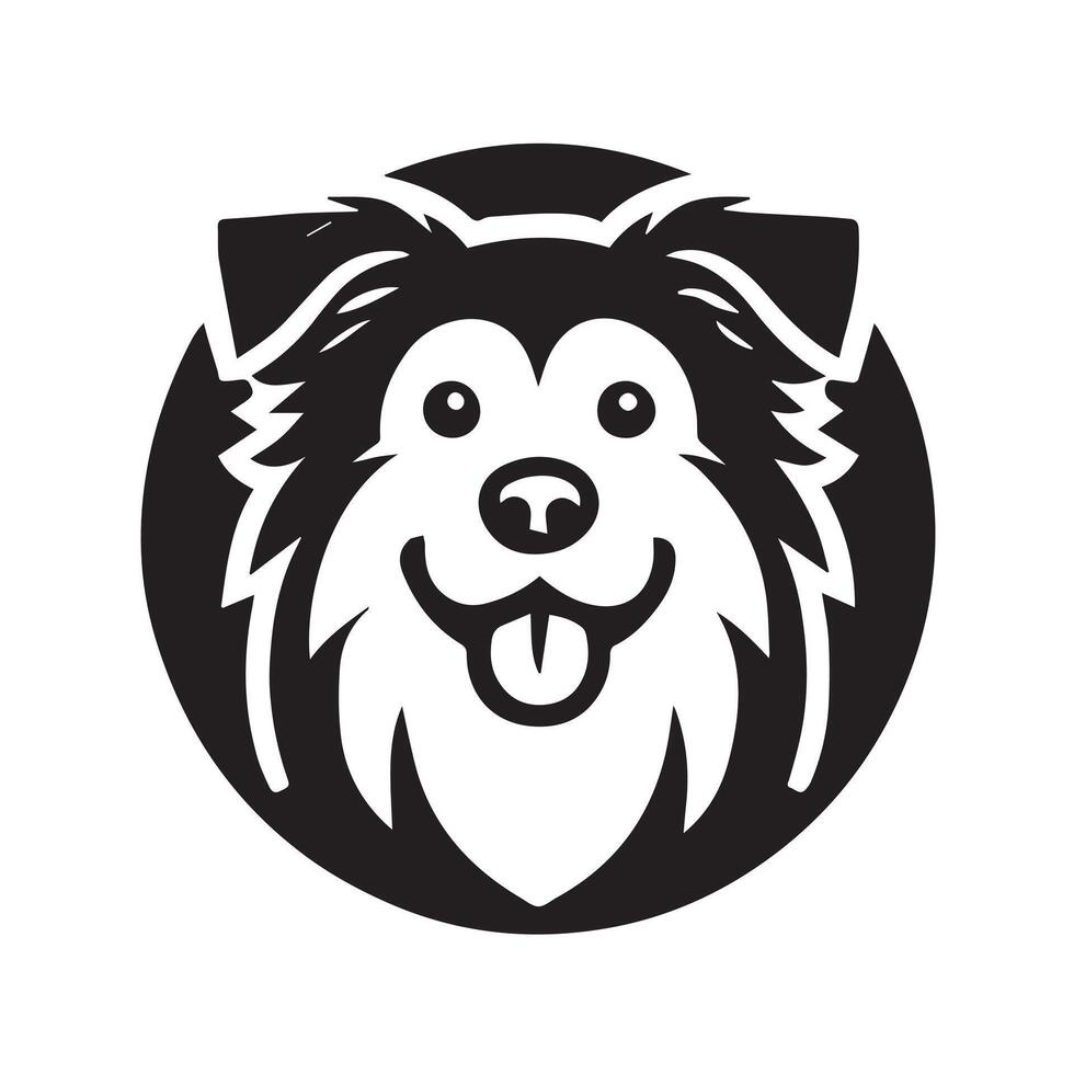 black and white, cartoon-style dog's head in a circular frame icon vector