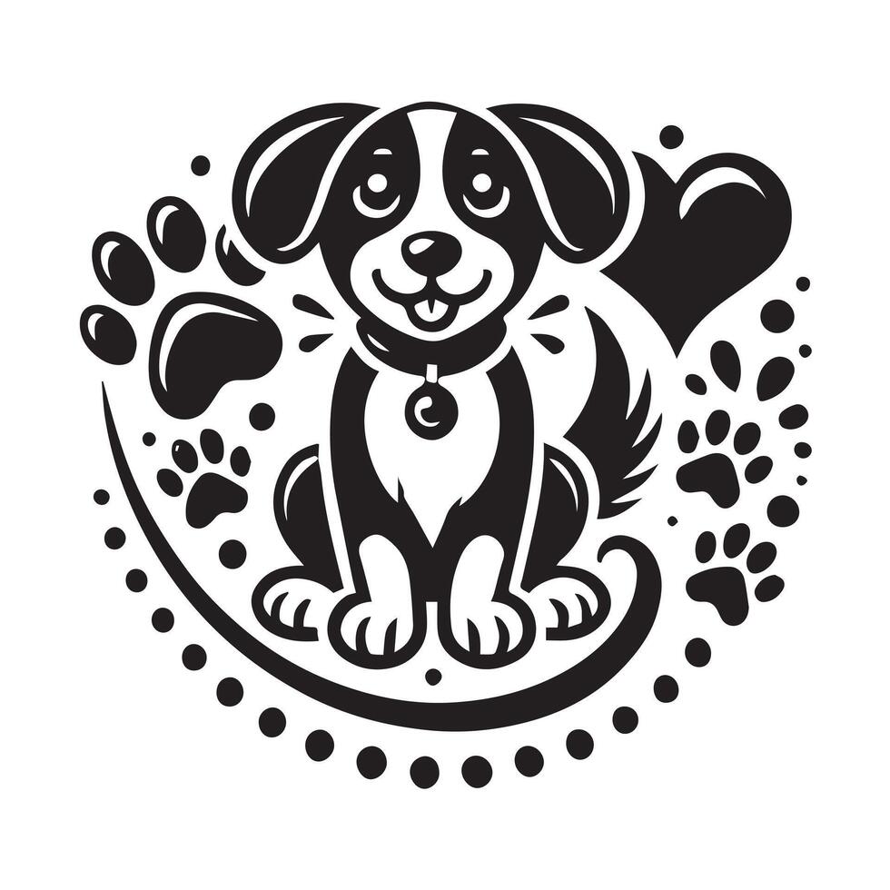 Black and white dog head love logo in circle vector