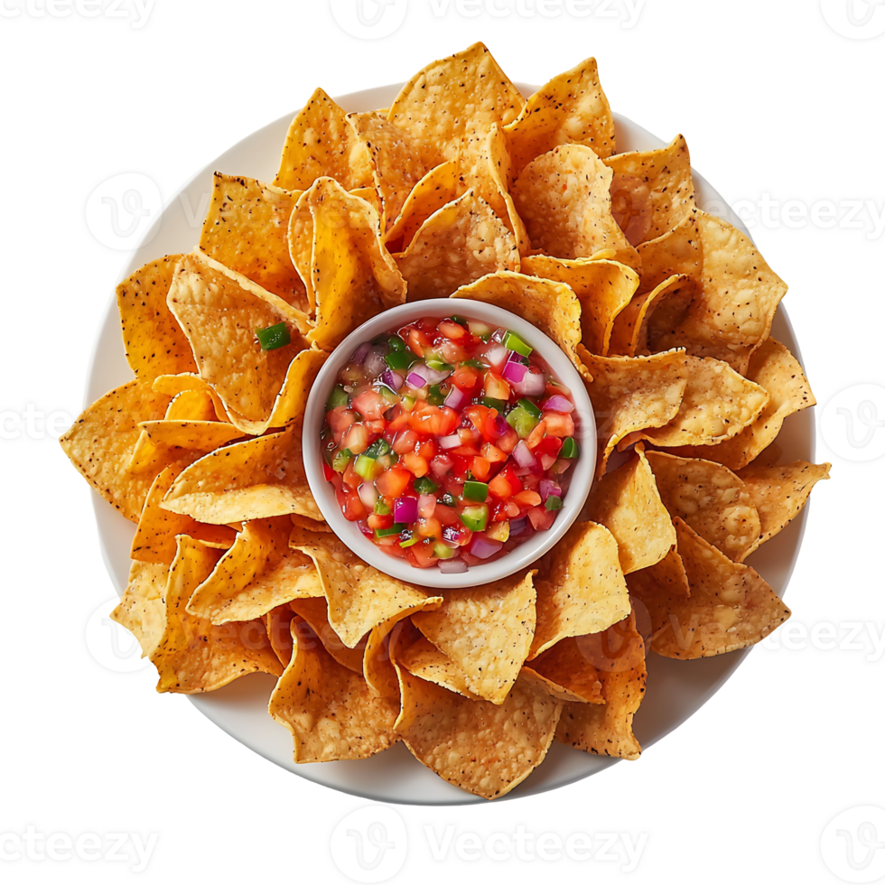 Vibrant Nachos with Colorful Salsa Dip on Serving Plate for Appetizing Tex Mex Party Feast png