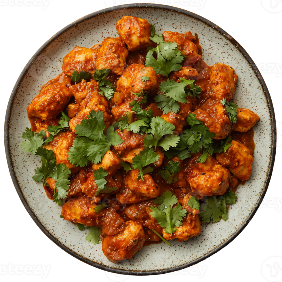 Spicy Indian Chicken Curry Dish with Vibrant Vegetables and Fresh Herbs on Rustic Plate long title Spicy and flavorful Indian chicken curry dish png