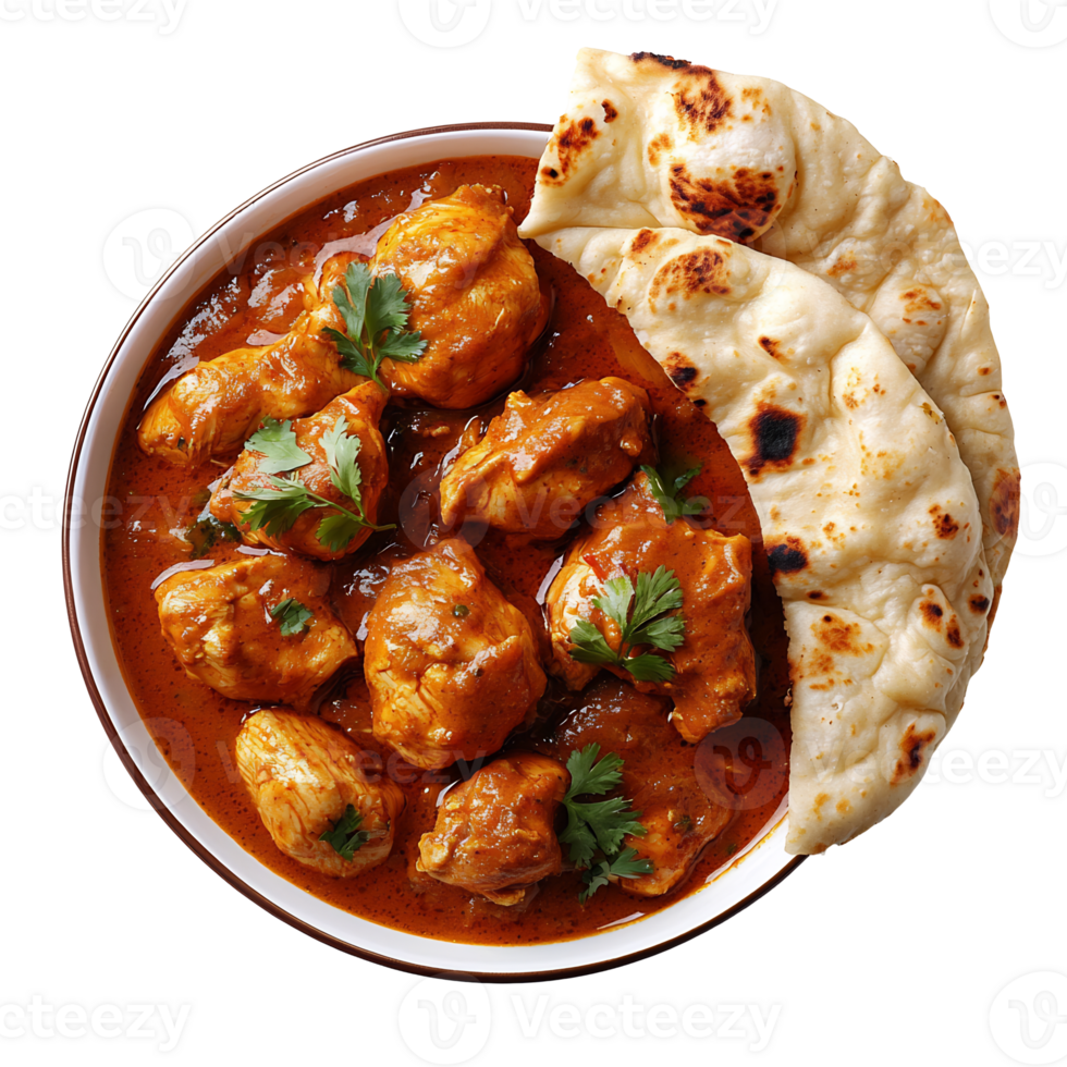 Spicy Indian Chicken Curry Dish Served with Naan Flatbread on Plate png