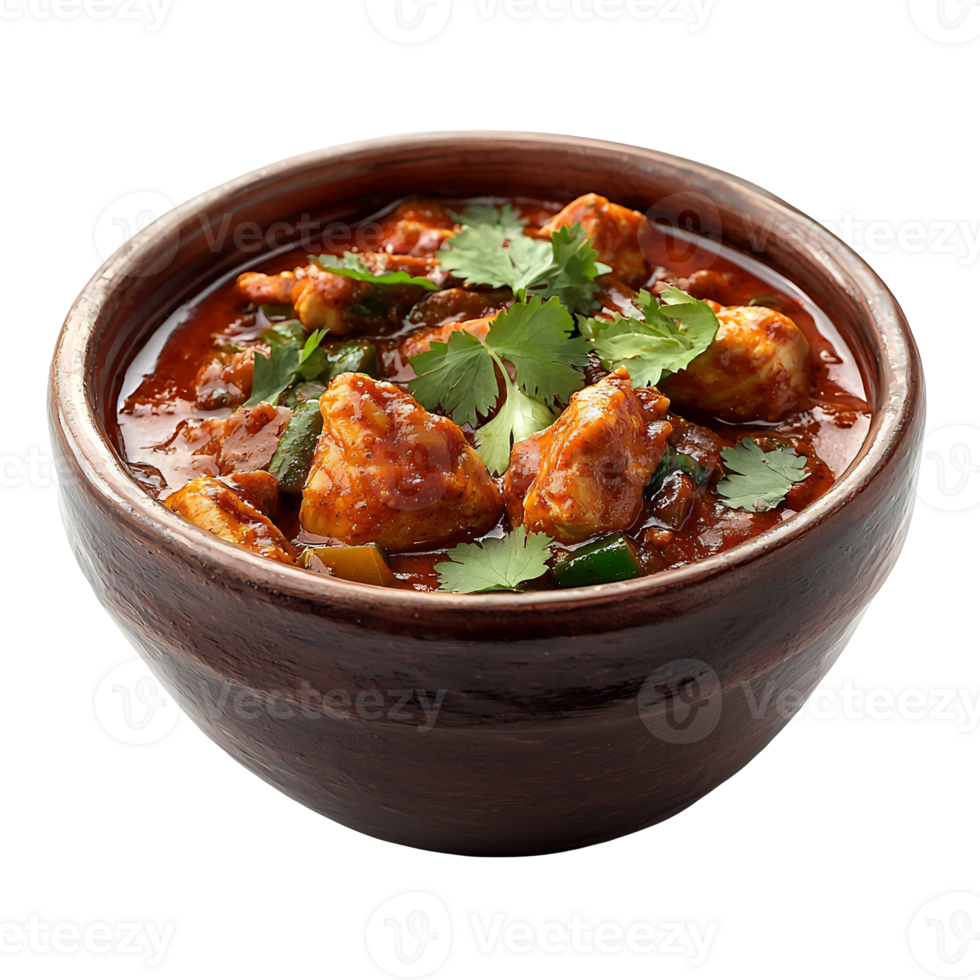 Spicy Chicken Curry Served in Ceramic Bowl with Basmati Rice png