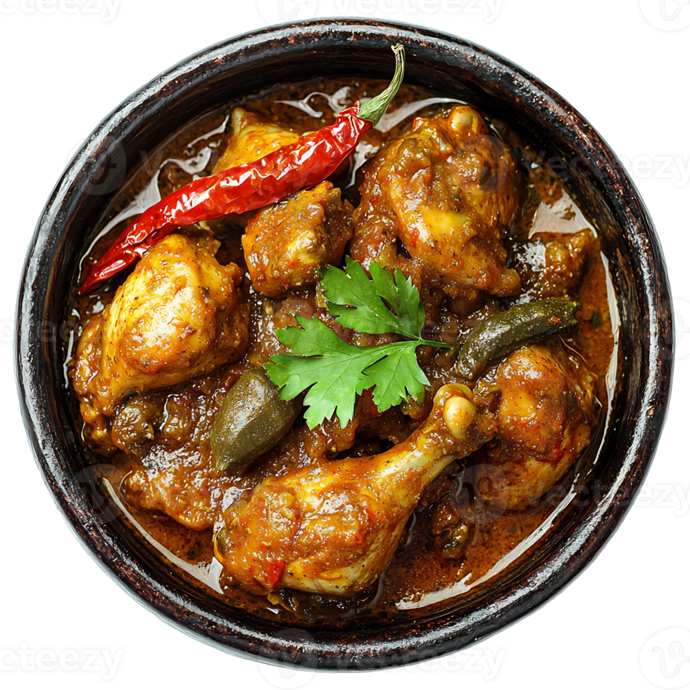 Savory and Fragrant Chicken Curry Dish Served in a Bowl with Vegetables and Garnishes png