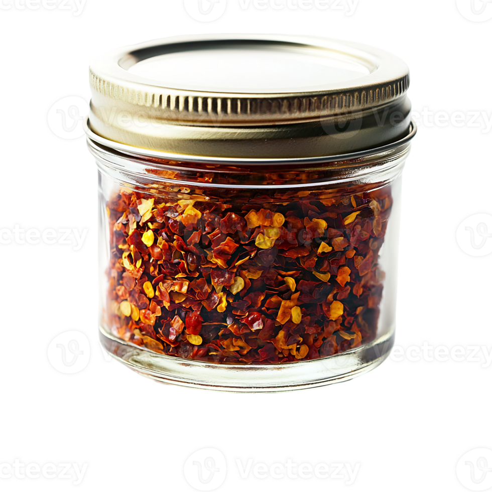 Glass Jar Filled with Vibrant Red Chili Pepper Flakes on Wooden Table png