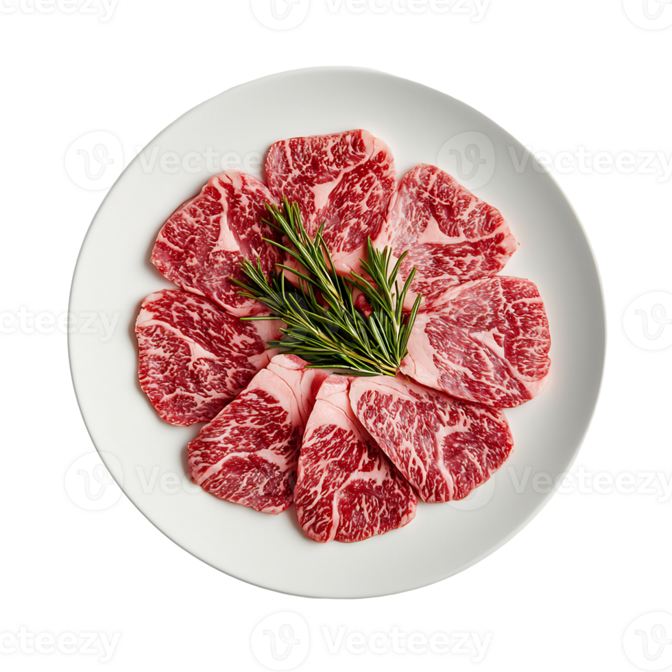 Perfectly Arranged Slices of Juicy Marbled Beef Steak with Fresh Rosemary on a White Plate png