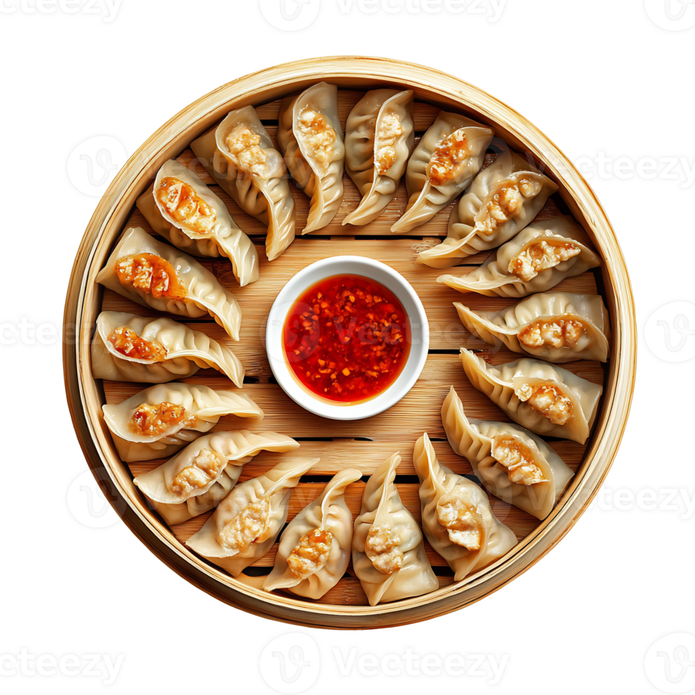 Freshly Steamed Dumplings Beautifully Arranged on a Bamboo Tray with Chili Dipping Sauce png