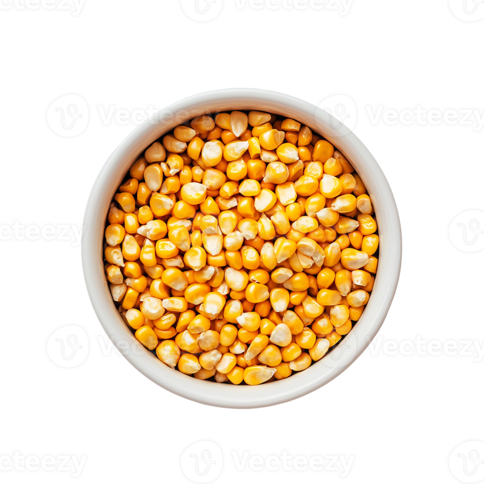 Pile of Fresh Corn Kernels in a White Bowl on a Plain Background png