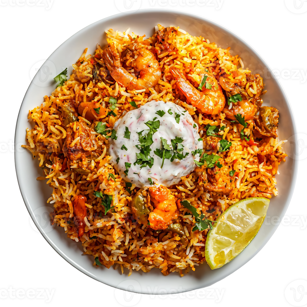 Fragrant and Spicy Shrimp Biryani with Aromatic Rice on Colorful Plate png