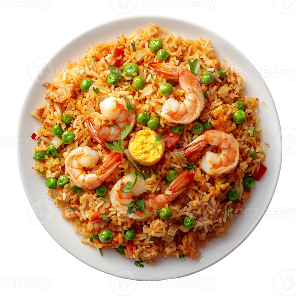 Flavorful Shrimp Fried Rice Dish on Plate with Fresh Vegetables and Garnish png
