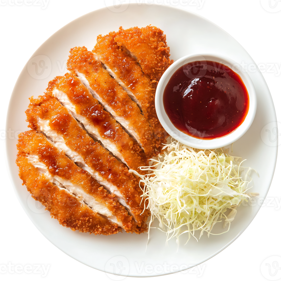 Crispy Fried Chicken Strips Served on a Plate with Ketchup Dipping Sauce and Shredded Vegetables png