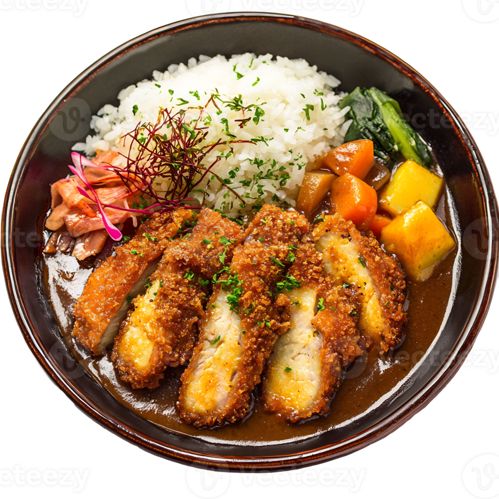 Delectable Breaded Pork Cutlet Bowl with Fragrant Curry Rice Fresh Vegetables and Garnish png