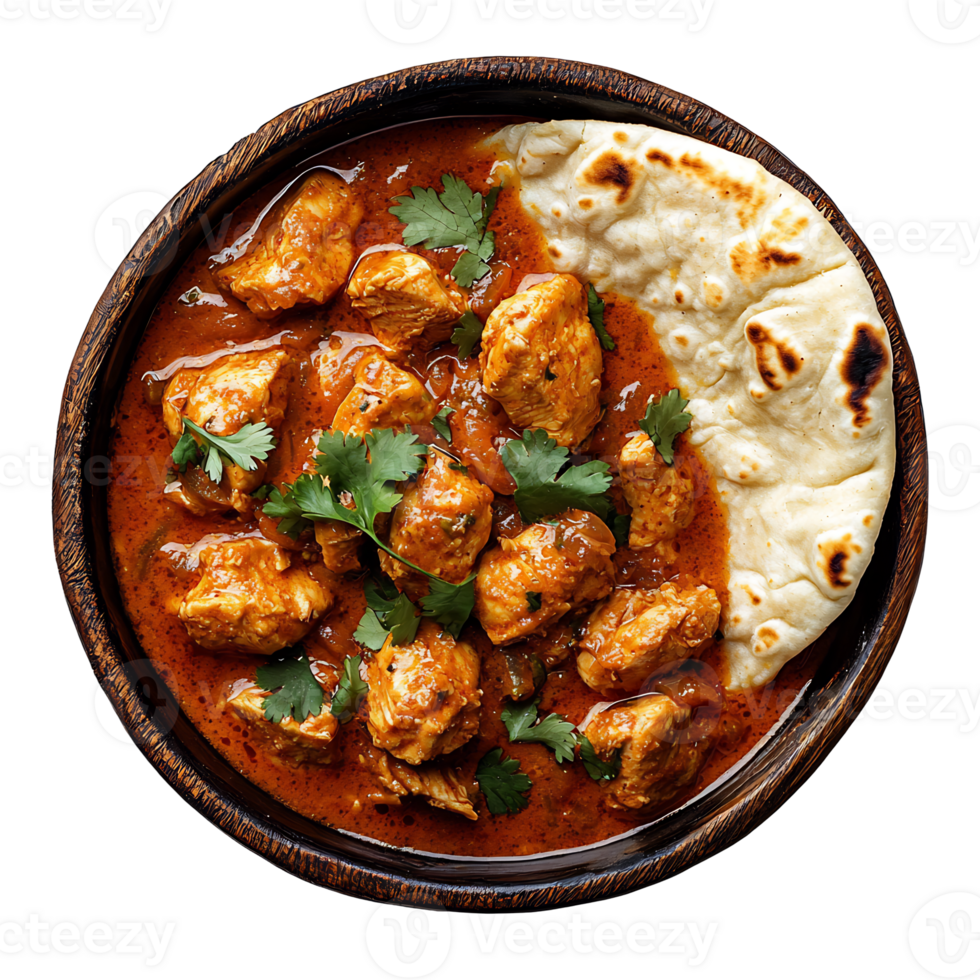 Delicious Chicken Curry Dish Served with Naan Bread in Rustic Wooden Bowl png