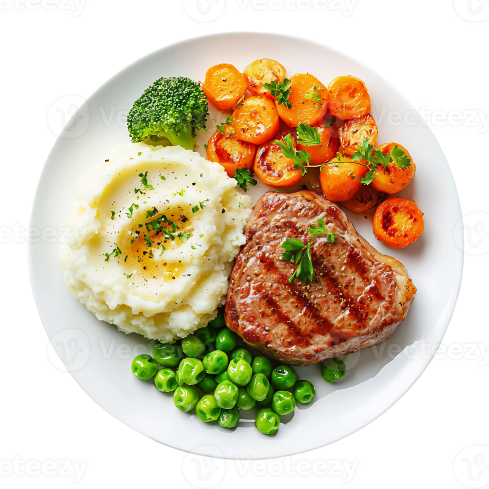 Delicious Homemade Gourmet Meal with Steak Mashed Potatoes Broccoli and Peas on White Plate png