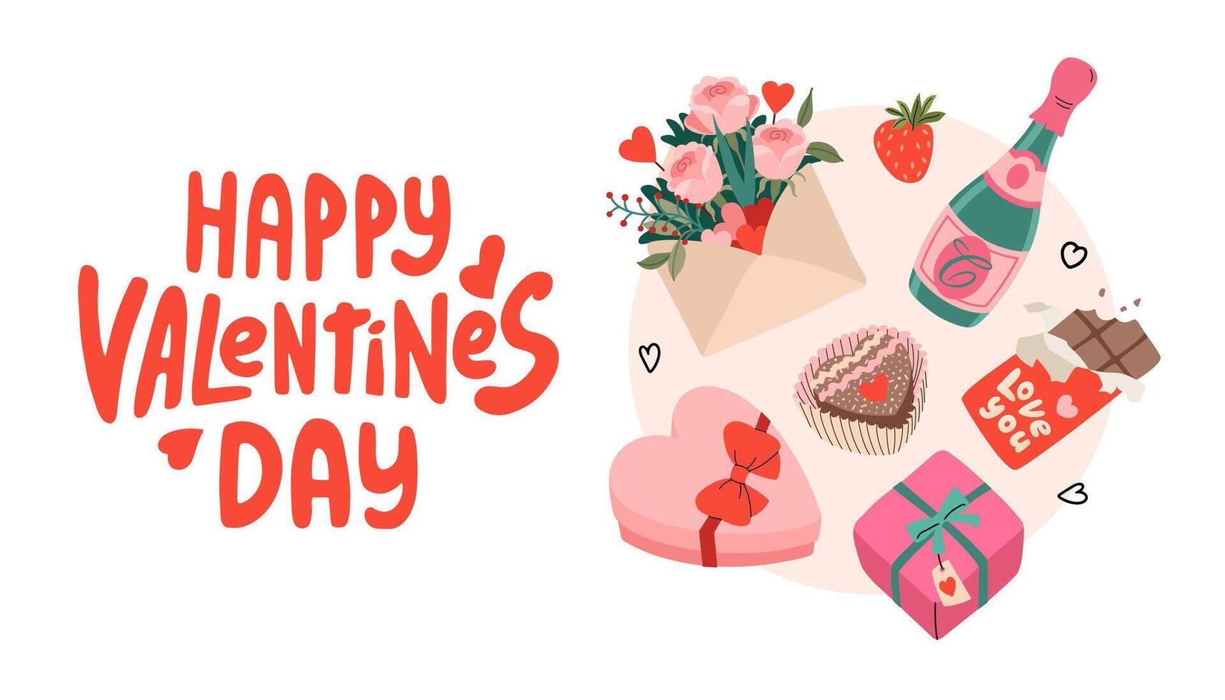 Happy Valentines day banner with set of delicious gifts and flowers. Hand groovy lettering. Bouquet with champagne and box of chocolates heart shape. Romantic background. flat illustration. vector