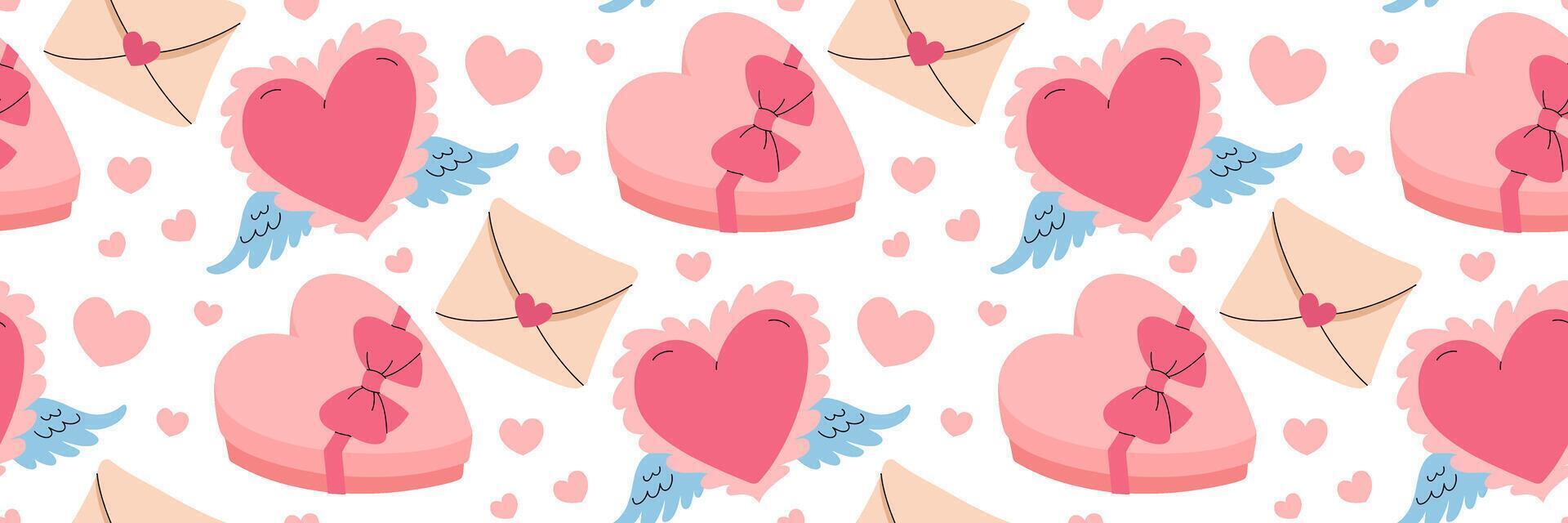 Valentine's Day festive pattern. Pink heart with angel wings. Heart-shaped box of chocolates with bow, envelope. Cute flying symbol Cupid. Pink romantic Background. flat illustration. vector