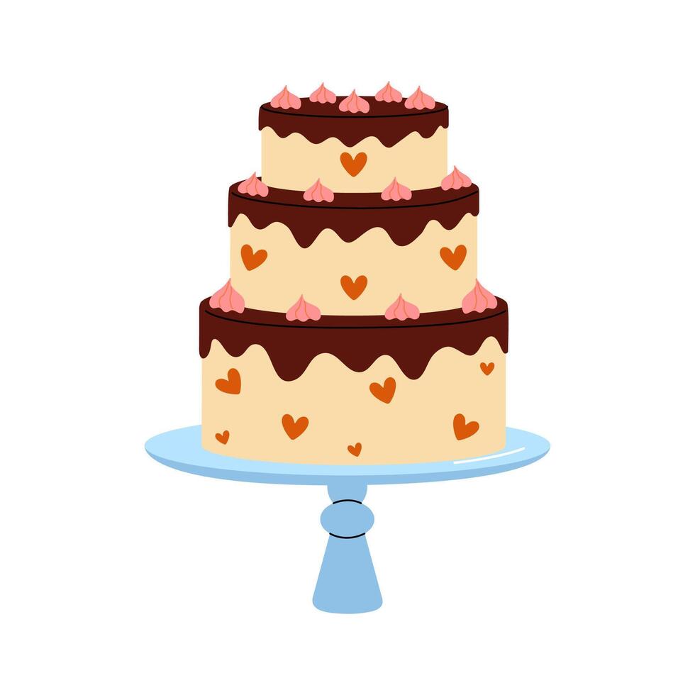 Three tier wedding cake with heart decorations on a decorative stand vector