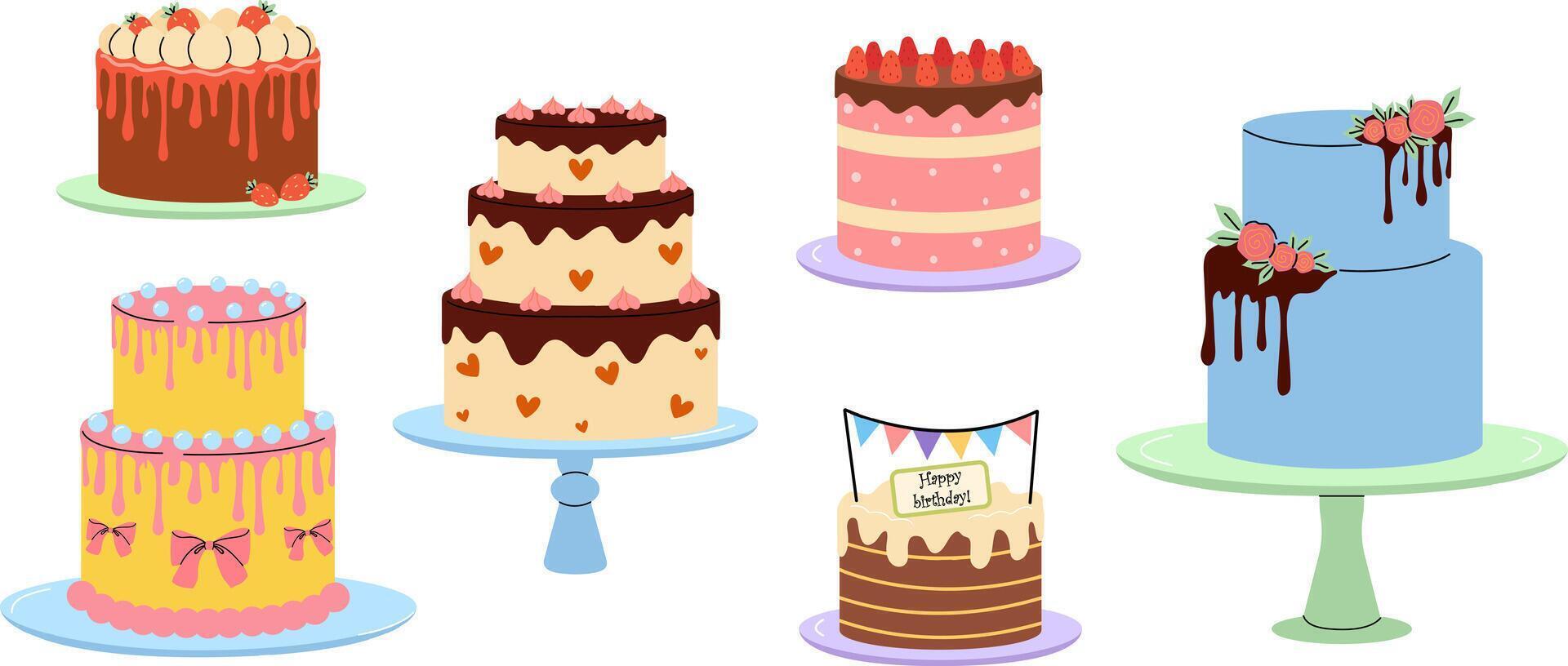 Colorful collection of decorative cakes on display for special occasions vector