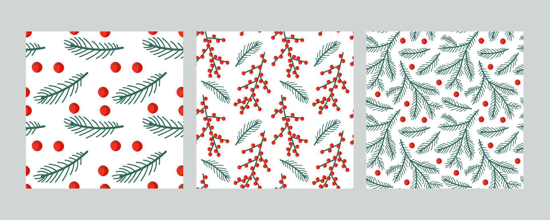 Festive winter patterns featuring red berries and green foliage on a light background vector