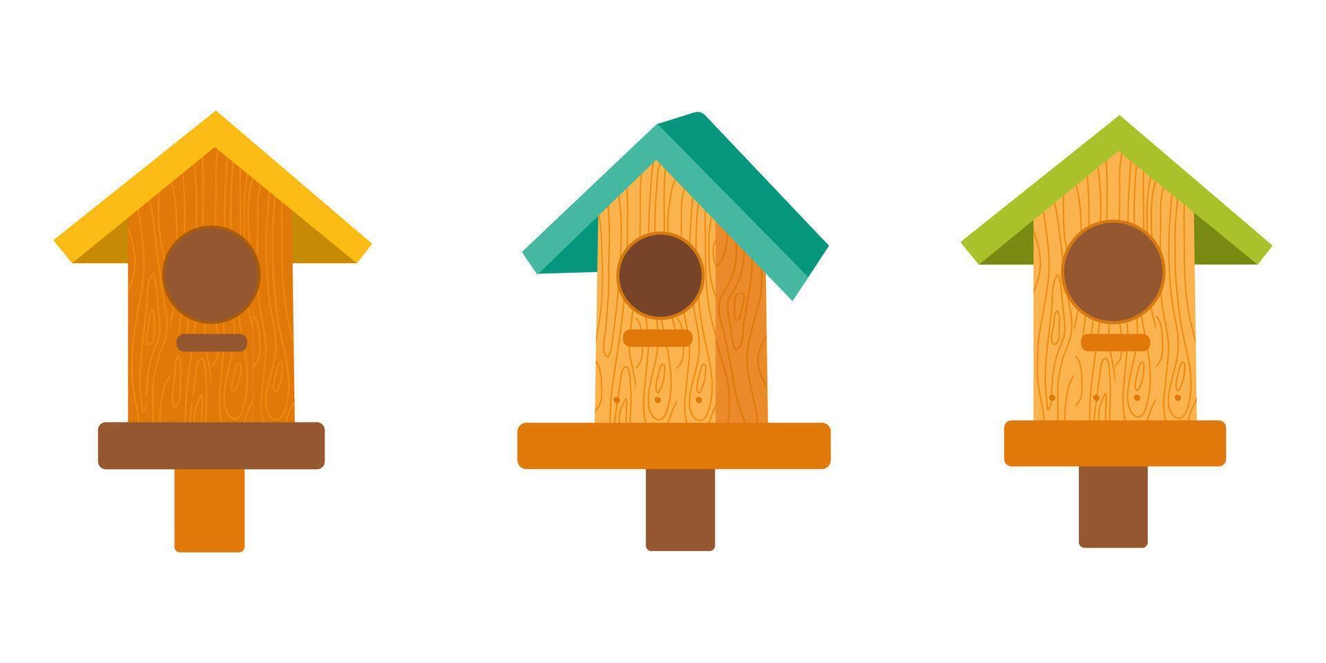 Colorful wooden birdhouses arranged in a row on a white background vector
