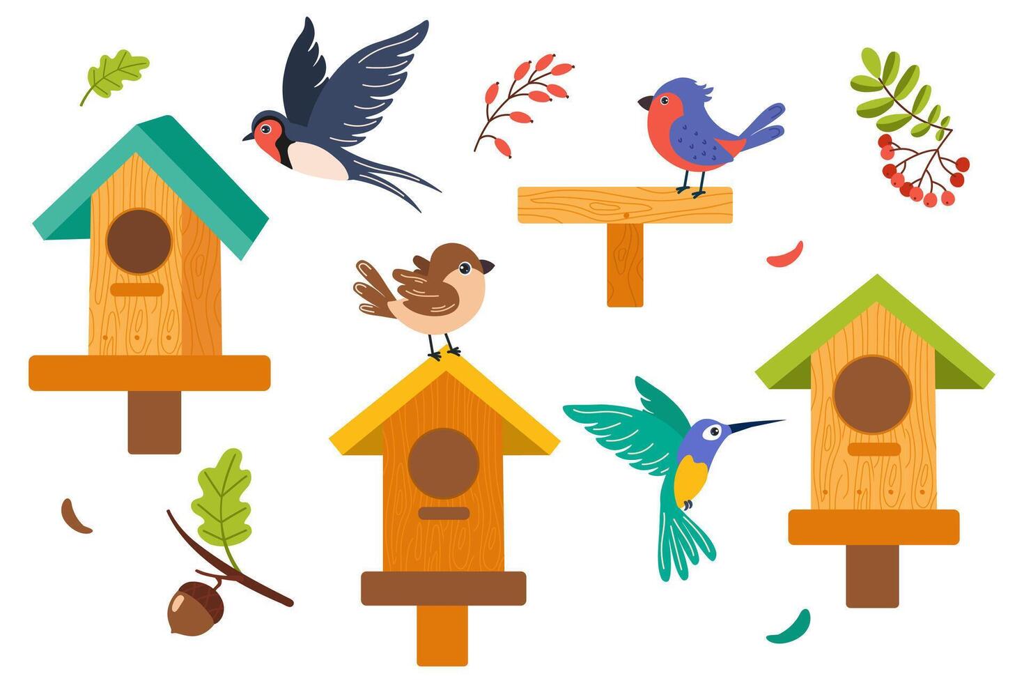 Colorful birds and birdhouses in a vibrant garden setting during springtime vector