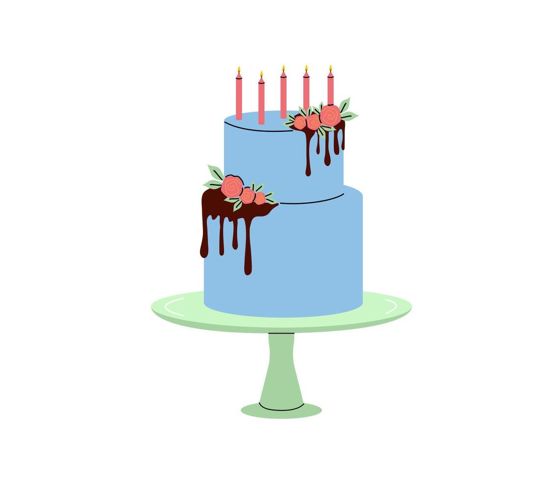 Elegant blue cake with candles and floral decorations for a celebration occasion vector