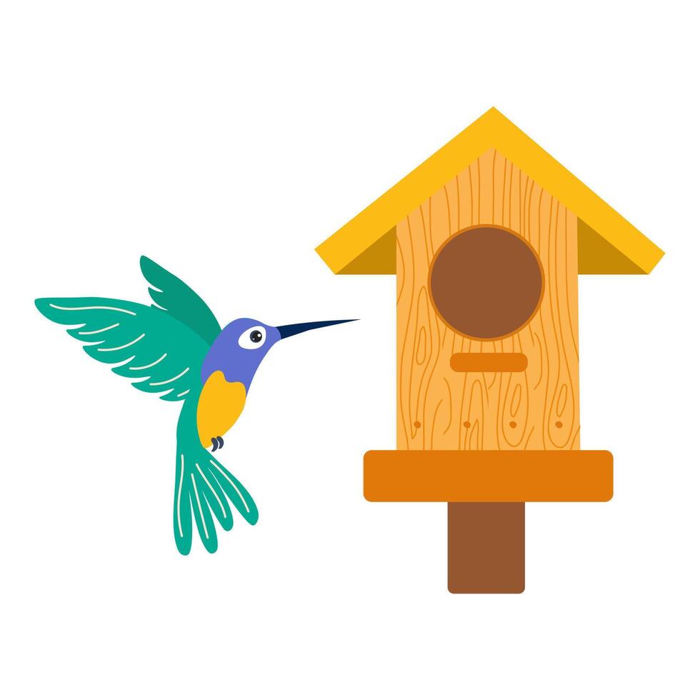 Hummingbird visits wooden birdhouse in a colorful garden setting on a sunny day vector