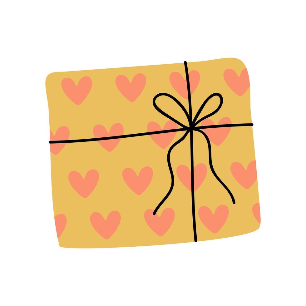 Cheerful gift wrapped in yellow paper with heart patterns ready for celebration vector