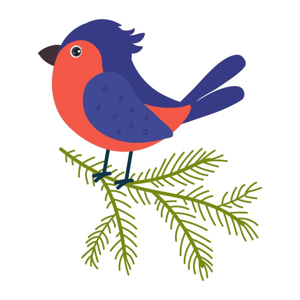Colorful bird perched on a pine branch in a playful illustration style vector