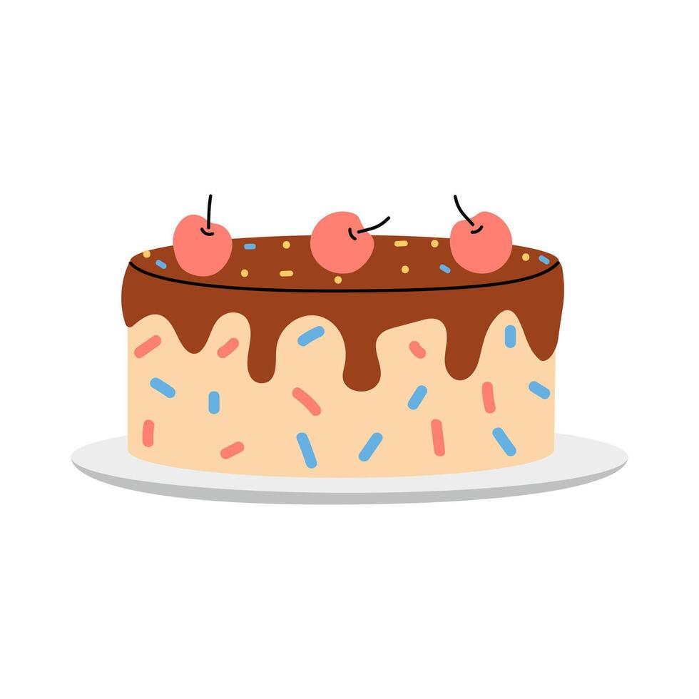 Colorful chocolate cake topped with cherries and sprinkles on a white plate vector