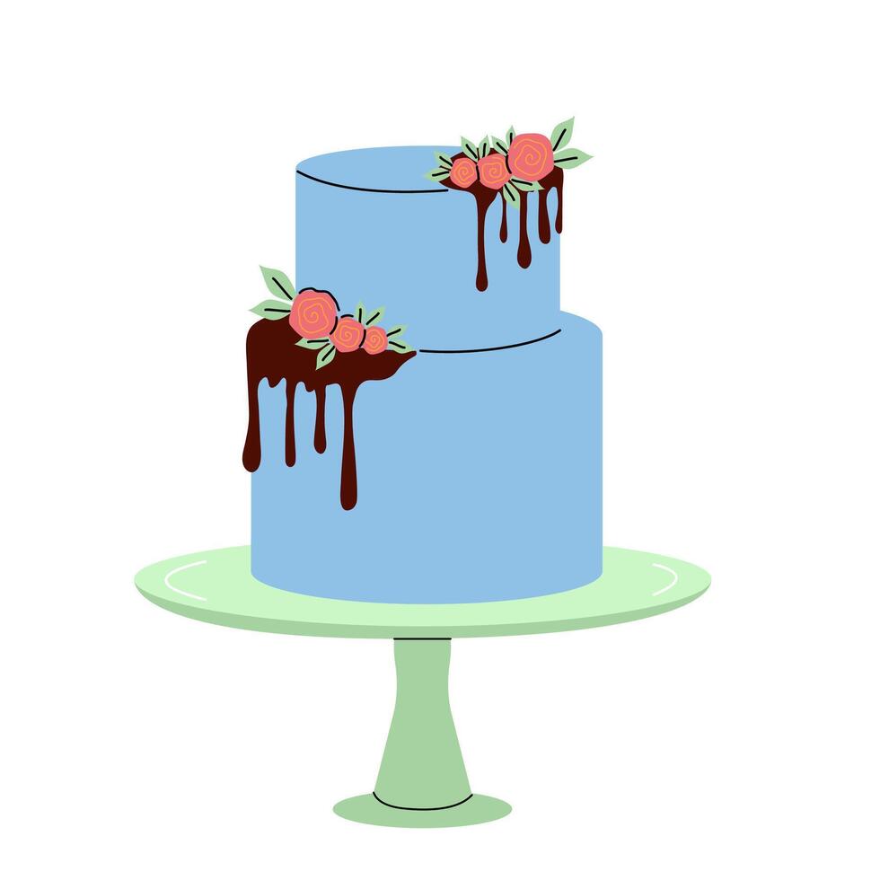 Elegant blue two-tier cake with chocolate drizzle and floral decoration on stand vector