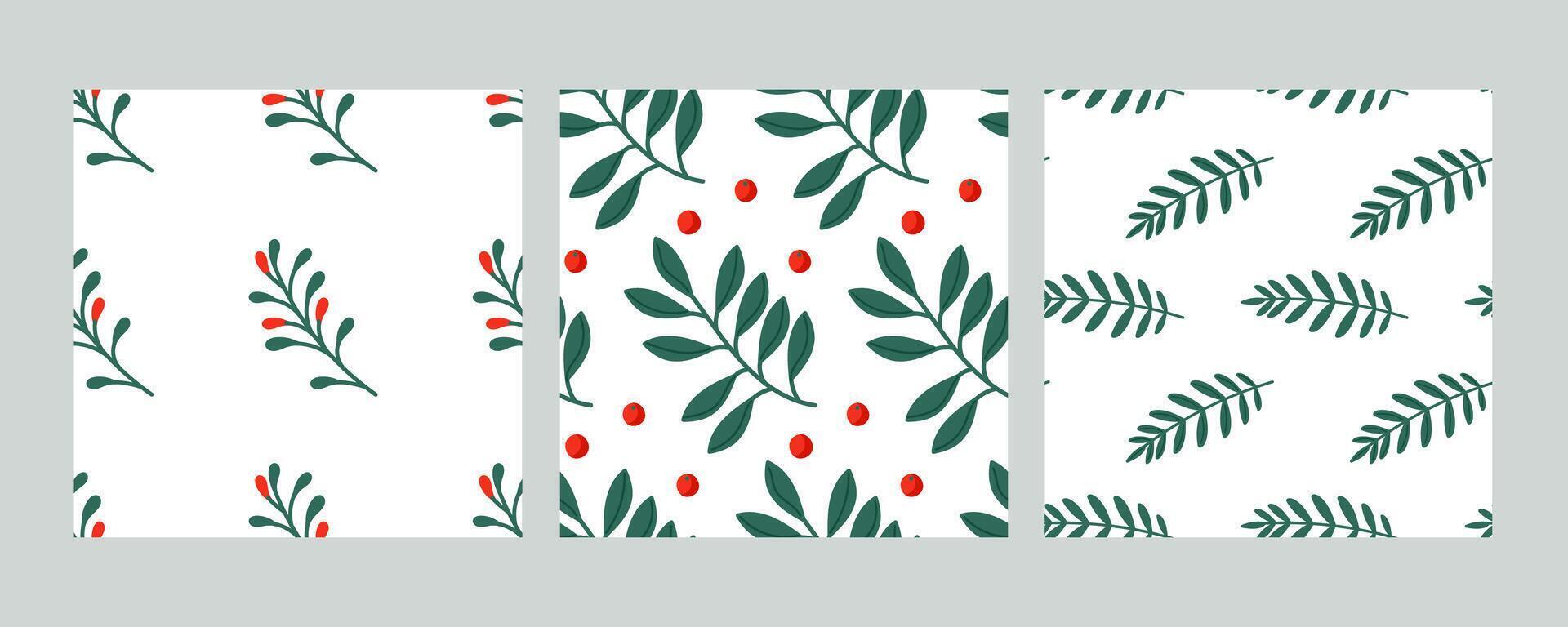 Colorful botanical patterns featuring red berries and green leaves on a light background vector