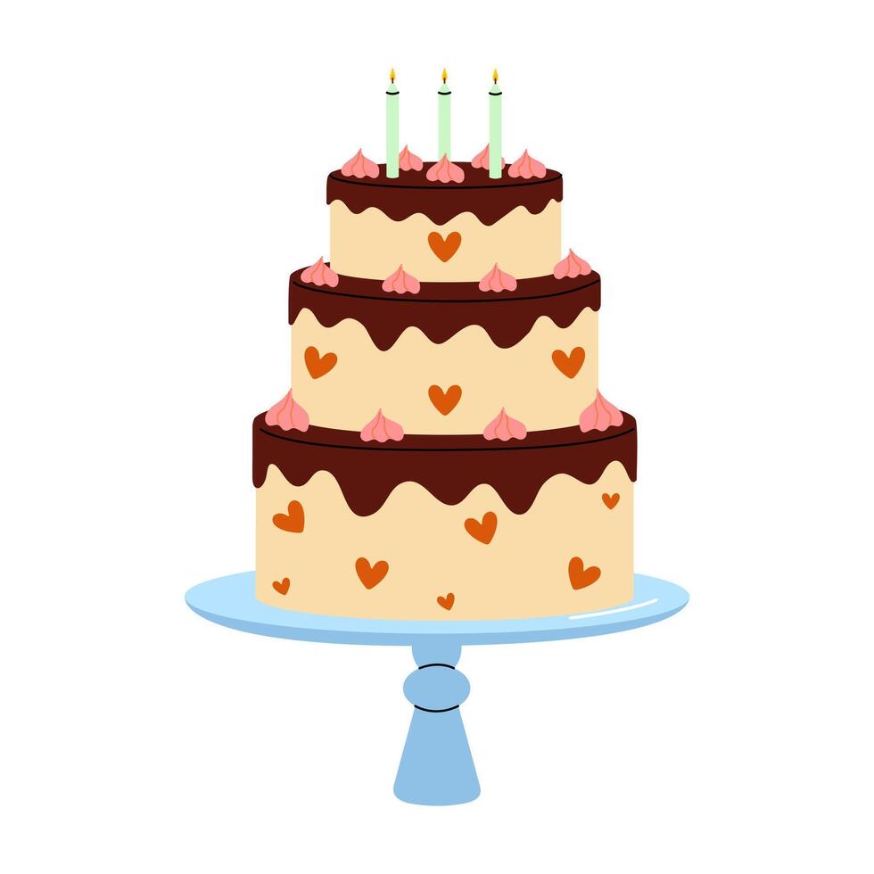Three-tiered birthday cake decorated with hearts and candles on a blue stand vector