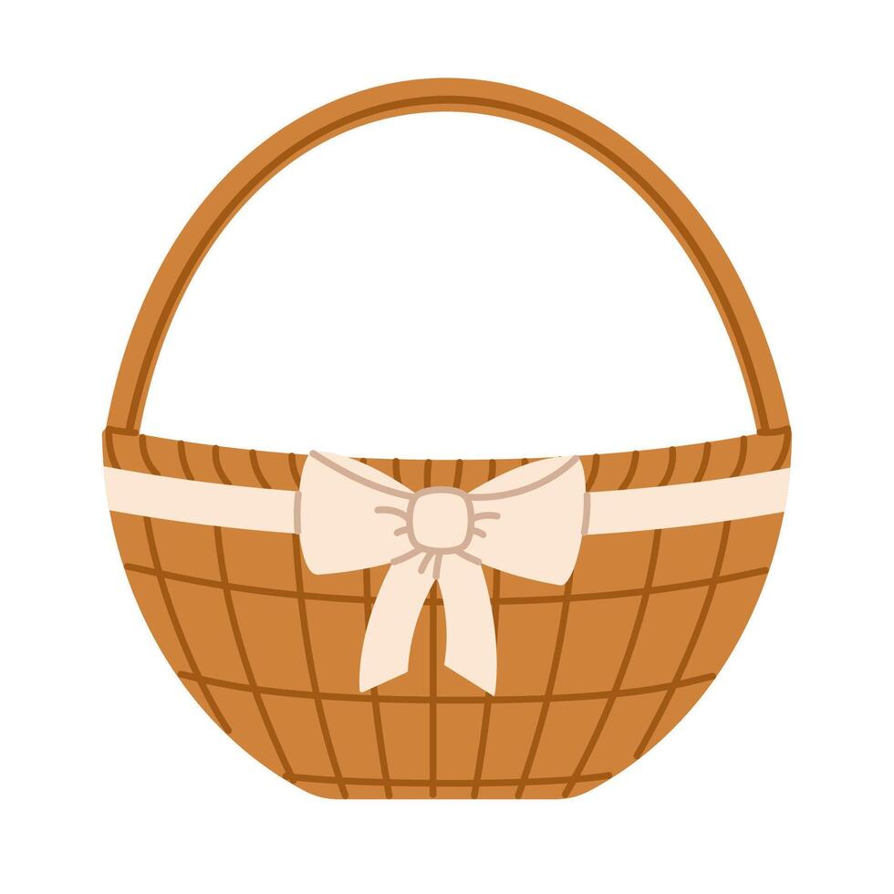 Wicker basket with white bow. Flat isolated illustration vector