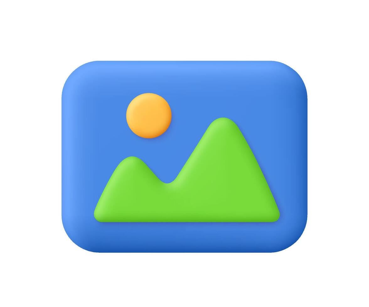 Image, photo, jpg gallery file. Mountains and sun landscape. 3d icon. Cartoon minimal style. vector