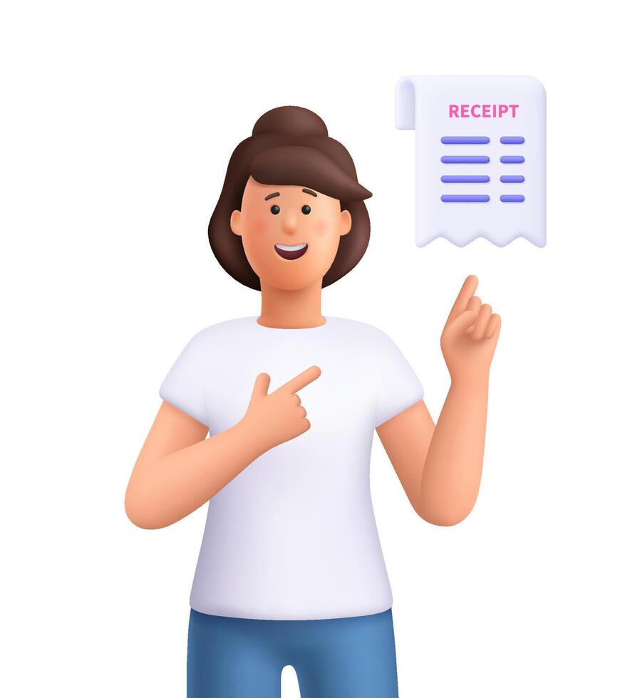 Young smiling woman Jane pointing at cash receipt. Shopping, online purchase, financial bill, banking and payment transaction concept. 3d people character. Cartoon minimal style. vector
