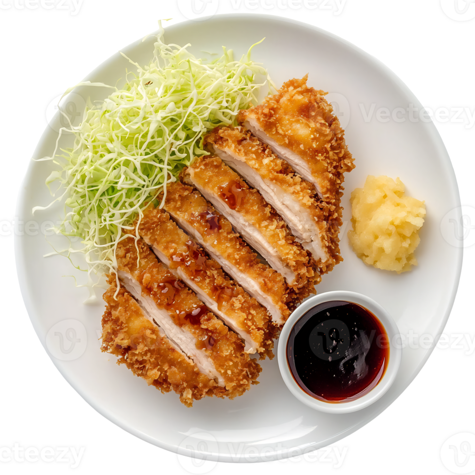 Crispy Fried Chicken Breast Served on a Plate with Green Salad and Dipping Sauce png