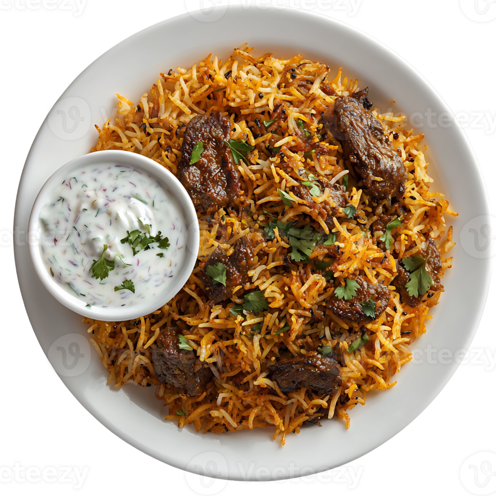 Aromatic and Hearty Ethnic Dish of Spiced Rice Tender Meat and Creamy Sauces png