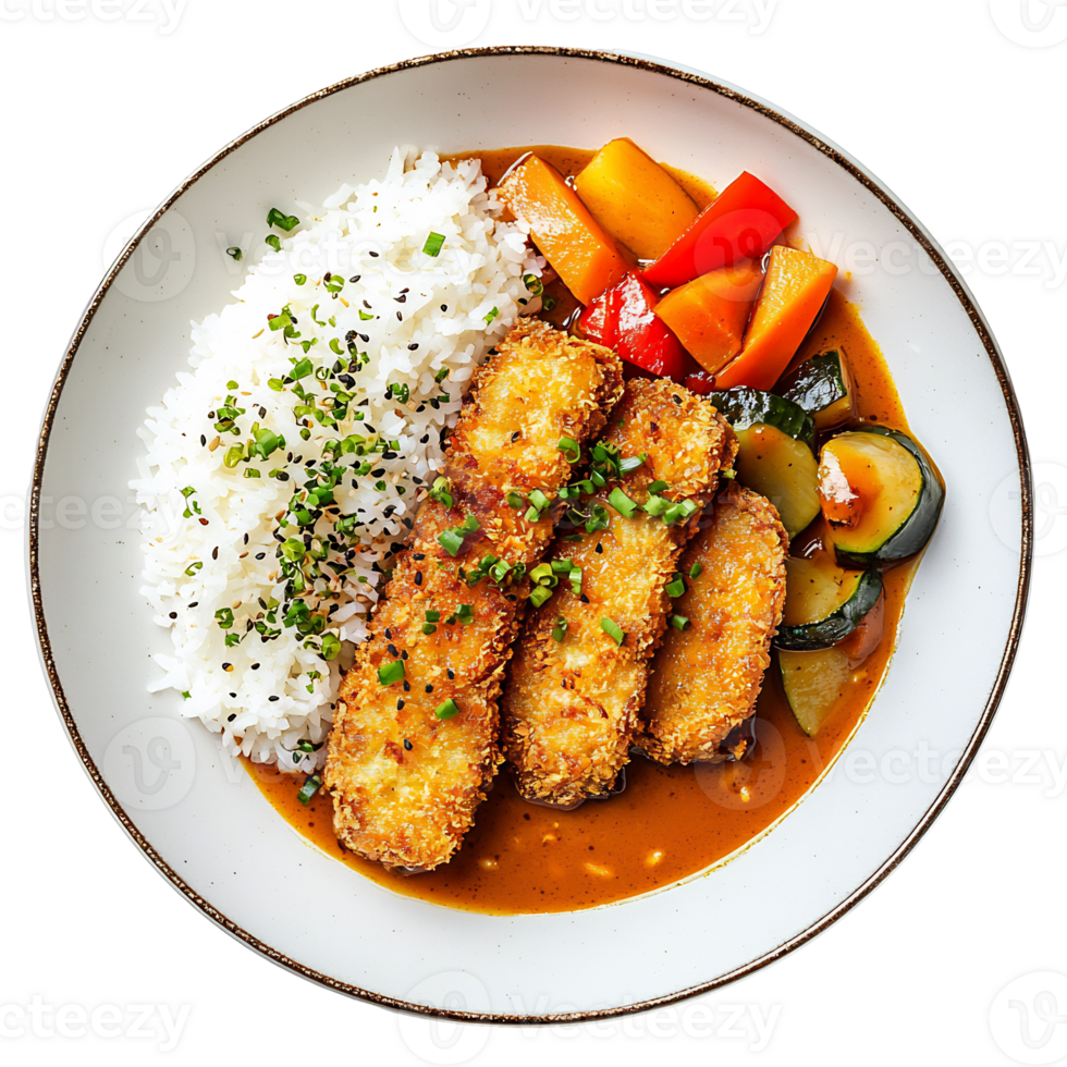 Delectable Breaded Chicken Curry Dish Served with Colorful Vegetables and Rice png