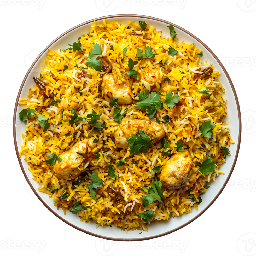 Authentic Spicy Indian Chicken Biryani Dish Served on a Plate with Basmati Rice Herbs and Spices png