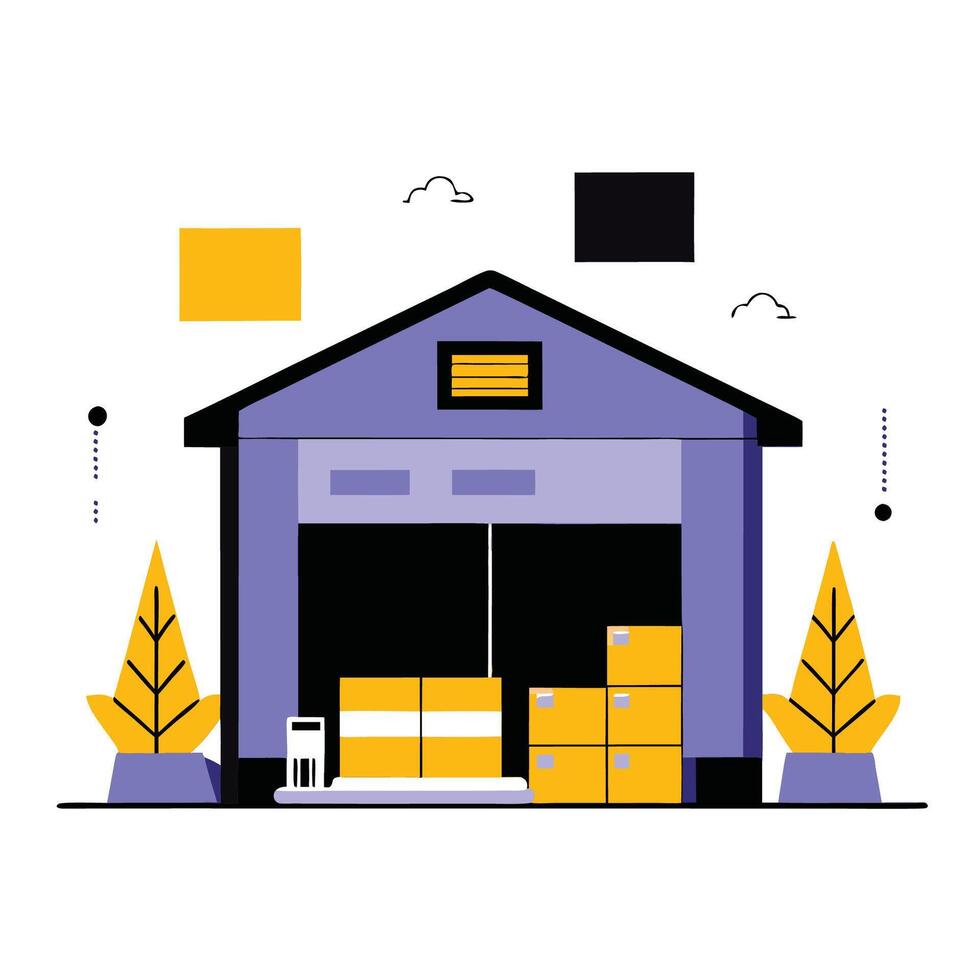Exterior Illustration of a Modern Warehouse Located in a Serene Outdoor Setting vector