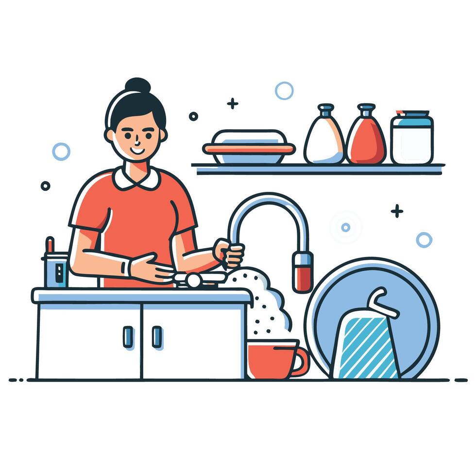 Conceptual Illustration of a Person Washing Dishes in a Domestic Setting vector